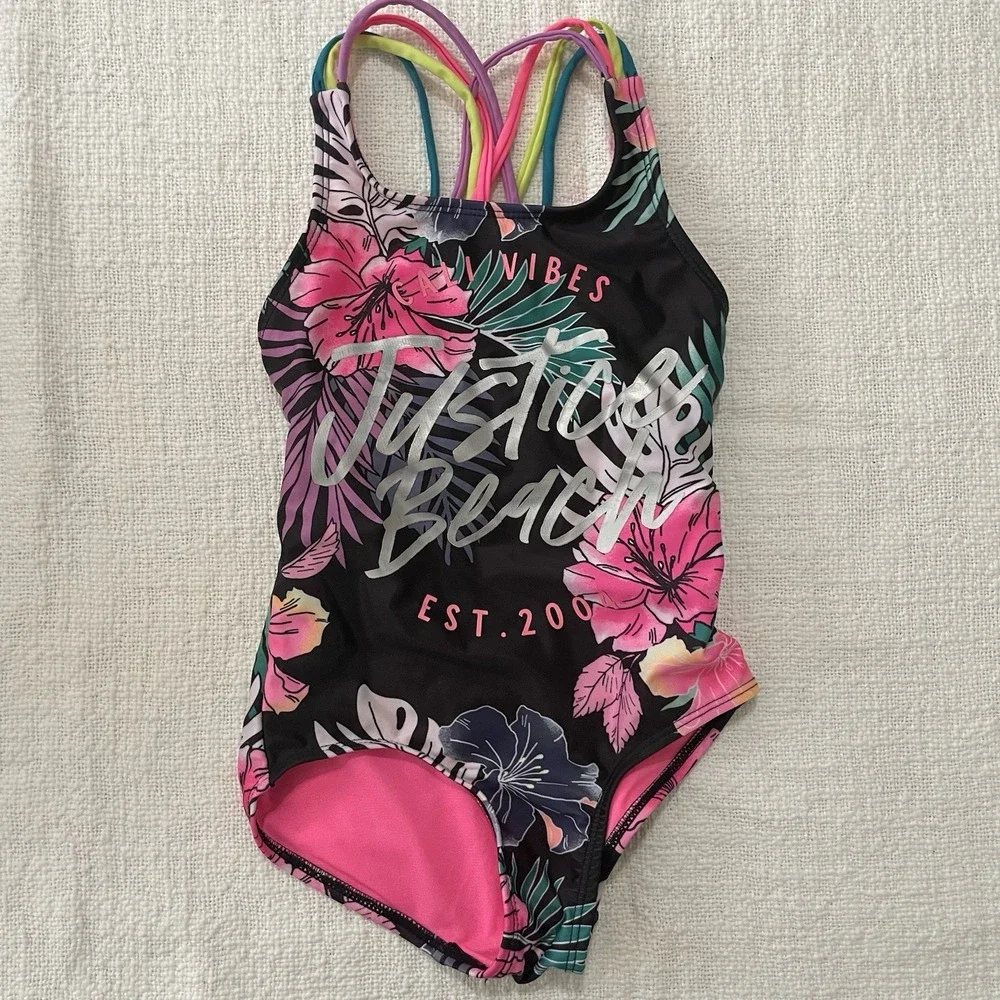 Justice Beach One-Piece Swimsuit Tropical Hawaiian Theme Girl's XS 5/6‎ EUC